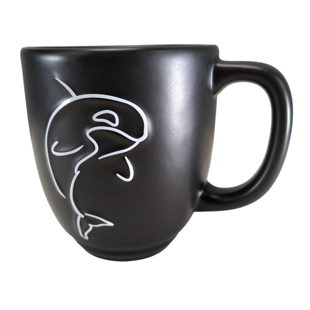 SeaWorld Orca Shamu Black 16oz Coffee Mug Satin Matte Finish Embossed Whale EUC